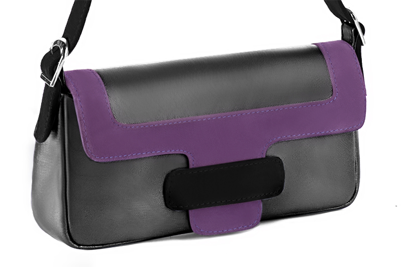 Dark silver, amethyst purple and matt black women's dress handbag, matching pumps and belts. Front view - Florence KOOIJMAN